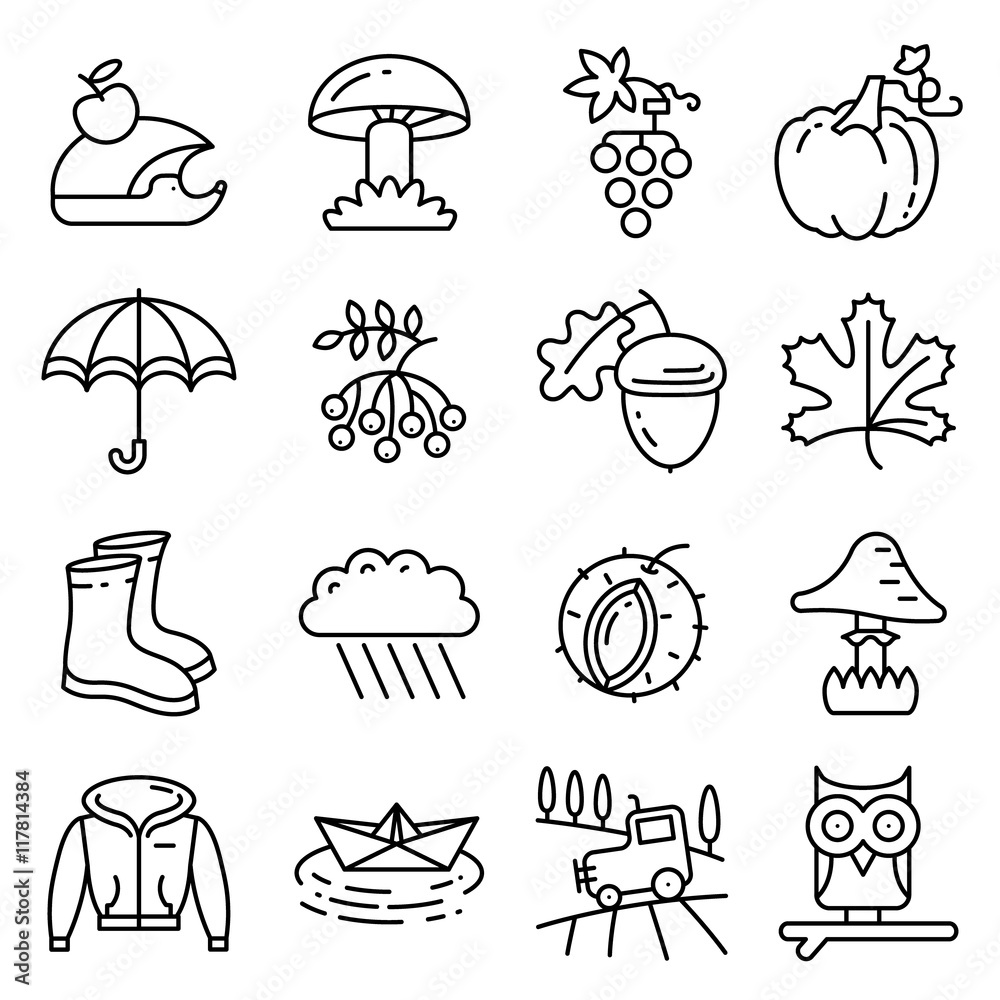 Fall season colorful thin and simply icons set. Autumn plants and nature season specific