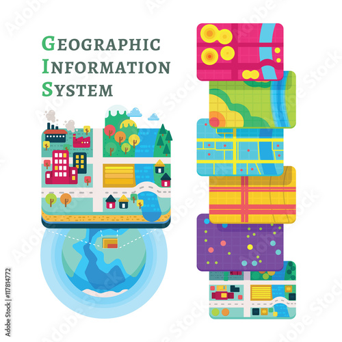 Vector Illustration of GIS Spatial Data Layers Concept for Info Graphic, Vertical Data Organization, Geographic Information System
