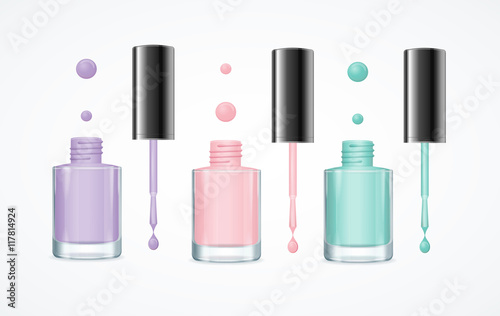 Colorful Nail Polish Open Bottle Set. Vector