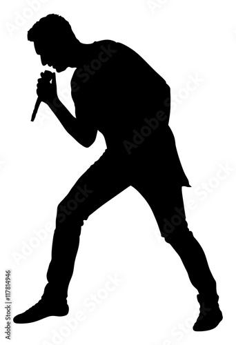 Popular singer super star vector silhouette illustration isolated on white background. Attractive music artist on the stage. Singer man artist against public on concert.