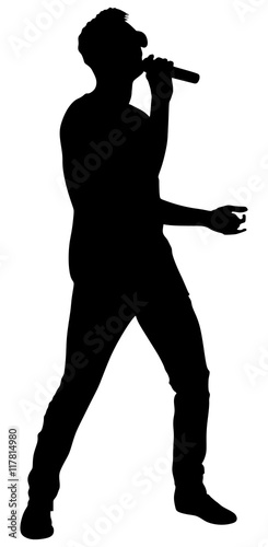 Popular singer super star vector silhouette illustration isolated on white background. Attractive music artist on the stage. Singer man artist against public on concert.