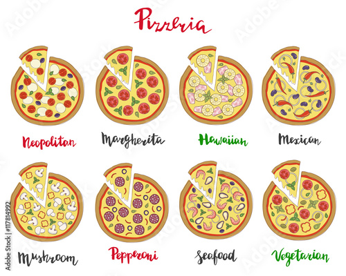 Vector set illustration of pizza and hand lettering isolated on a white background.