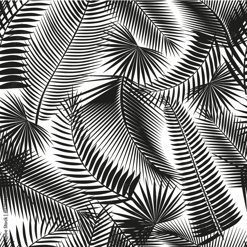 Beautiful black seamless tropical jungle floral pattern background with palm leaves. Vector illustration.