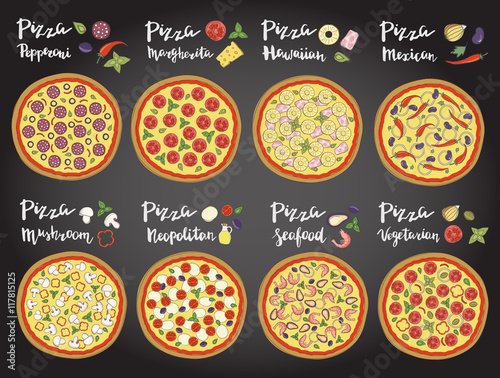Vector set of hand drawn pizza popular varieties.