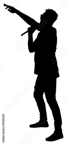 Popular singer super star vector silhouette illustration isolated on white background. Attractive music artist on the stage. Singer man artist against public on concert.