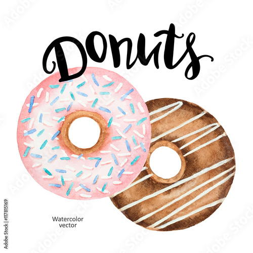 Watercolor donuts and ink hand lettering isolated on a white background.