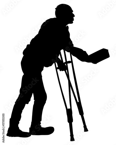 A homeless beggar on a street vector silhouette illustration. Senior person begging for food or help. Disabled person on crutches begging for money.