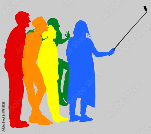 Selfie teenagers tourists taking pictures vector silhouette illustration isolated on background. Taking selfie - hand hold monopod with mobile phone.