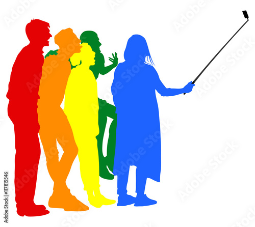 Selfie teenagers tourists taking pictures vector silhouette illustration isolated on white background. Taking selfie - hand hold monopod with mobile phone.