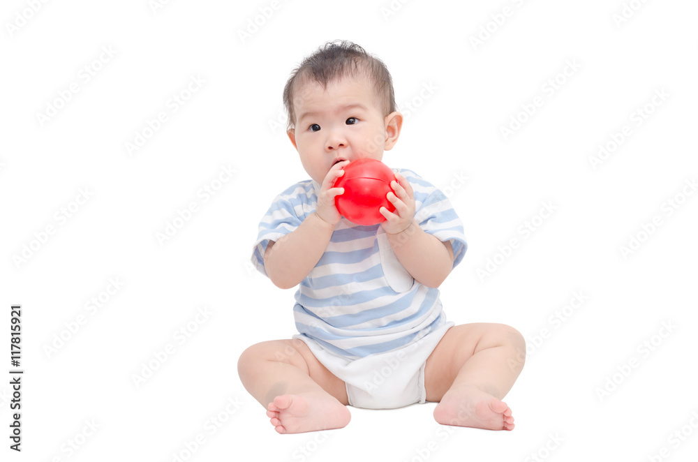 Little asian girl playing ball over white background Little asian girl playing ball over white background