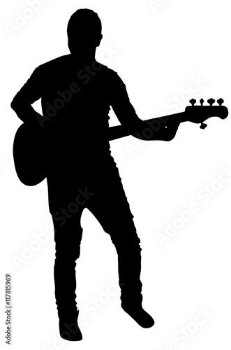 Guitarist vector silhouette illustration isolated on white background. Popular music super star on stage.
