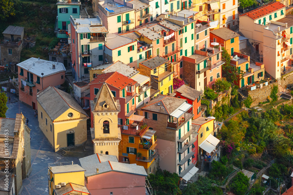 Aerial panoramic view of Manarola fishing village in Five lands, Cinque Terre National Park, Liguria, Italy.