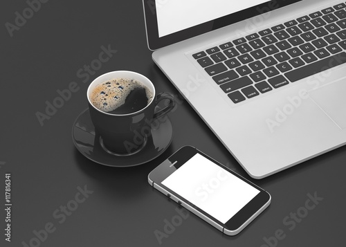 Laptop smartphone and coffee cup on black. 3d rendering.