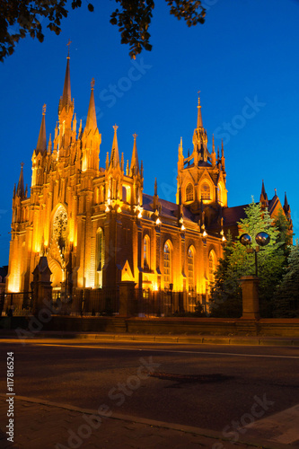 red brick Gothic cathedral on a summer