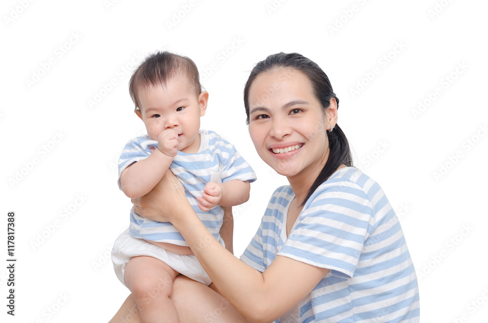 Beautiful young asian mother with her child over white backgroun Beautiful young asian mother with her child over white backgroun