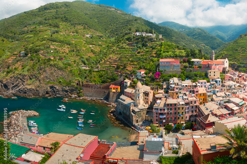 Aerial panoramic view of Vernazza fishing village in Five lands, Cinque Terre National Park, Liguria, Italy.
