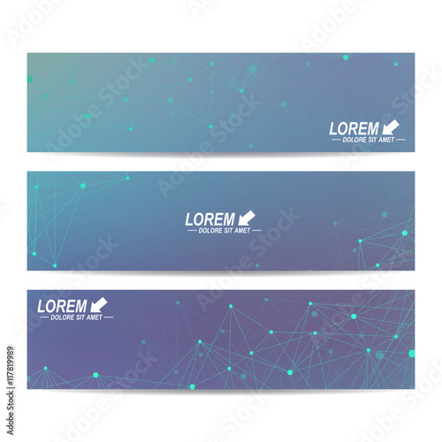 Geometric abstract banners. Molecule and communication background for website templates. Backdrop with connected line whit dots. Vector illustration.