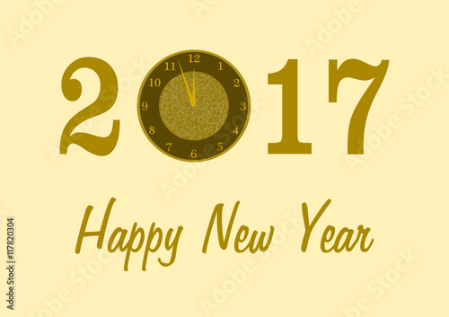 2017 in gold mit einer Uhr anstelle der 0 und Happy New Year Schriftzug auf zart goldenem Hintergrund im Querformat