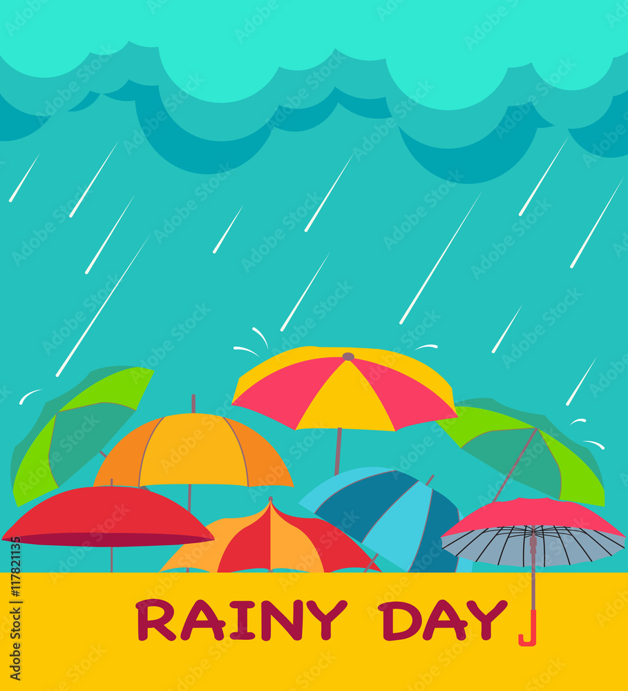 background with clouds, raindrops and umbrellas,
