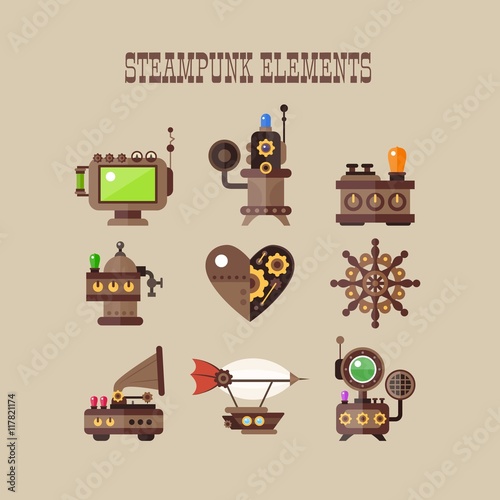 Steampunk element collection in flat design