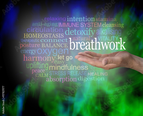 Fototapeta Naklejka Na Ścianę i Meble -  The Benefits of Breathwork - male hand held palm up with the word BREATHWORK floating above surrounded by a relevant word cloud on a modern abstract black and green background