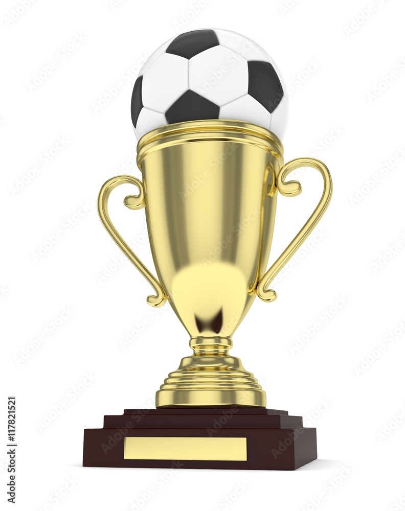 Fototapeta premium Golden cup and ball on white background. 3D rendering.
