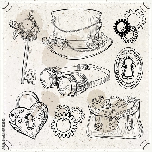 Hand drawn steampunk elements set