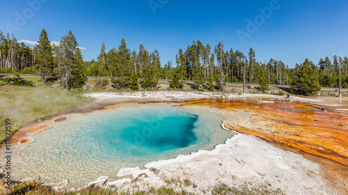 Bright colors of hot springs. Incredible blue lake. The reds, yellows and browns of the mud in Fountain Paint Pots. Yellowstone National Park, Wyoming