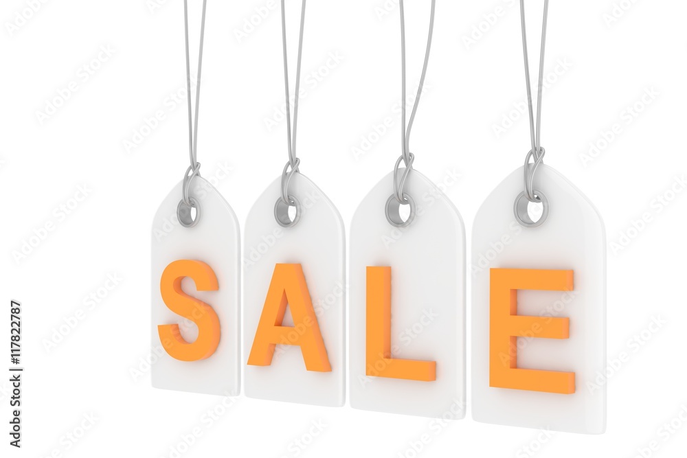 Colorful isolated sale labels on white background. Price tags. Special offer and promotion. Store discount. Shopping time. Orange letters on white labels. 3D rendering. Colorful isolated sale labels on white background. Price tags. Special offer and promotion. Store discount. Shopping time. Orange letters on white labels. 3D rendering.