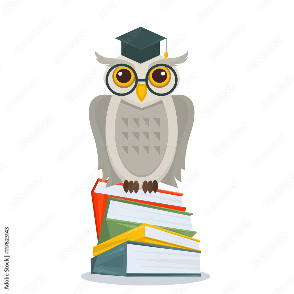 Obraz premium Owl with glasses and academic hat sitting on books stack. Owl on books isolated. Education concept with owl. Vector illustration