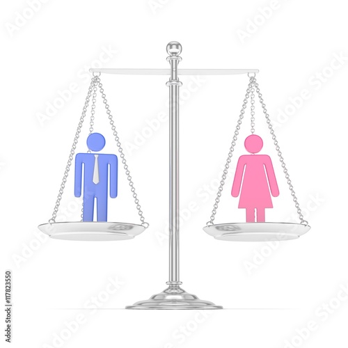 Isolated old fashioned silver pan scale with colorful man and woman on white background. Gender inequality. Equality of sexes. Law issues. Silver model. 3D rendering.