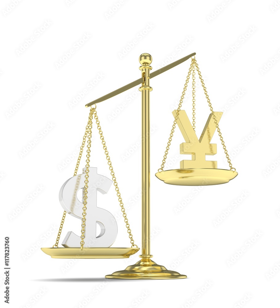 Isolated old fashioned pan scale with dollar and yuan,yen on white background. American and chinese and japanese currency. Dollar is heavier. Silver usd, golden yuan. 3D rendering. Isolated old fashioned pan scale with dollar and yuan,yen on white background. American and chinese and japanese currency. Dollar is heavier. Silver usd, golden yuan. 3D rendering.