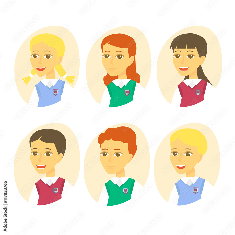 Set of cute cartoon pupils. Children icon set isolated on white background. Vector Illustration. Set of cute cartoon pupils. Children icon set isolated on white background. Vector Illustration.