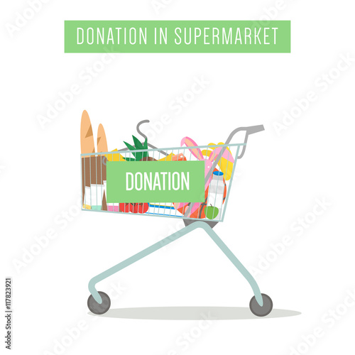 Cart with donation in supermarket isolated on white. Vector Illustration