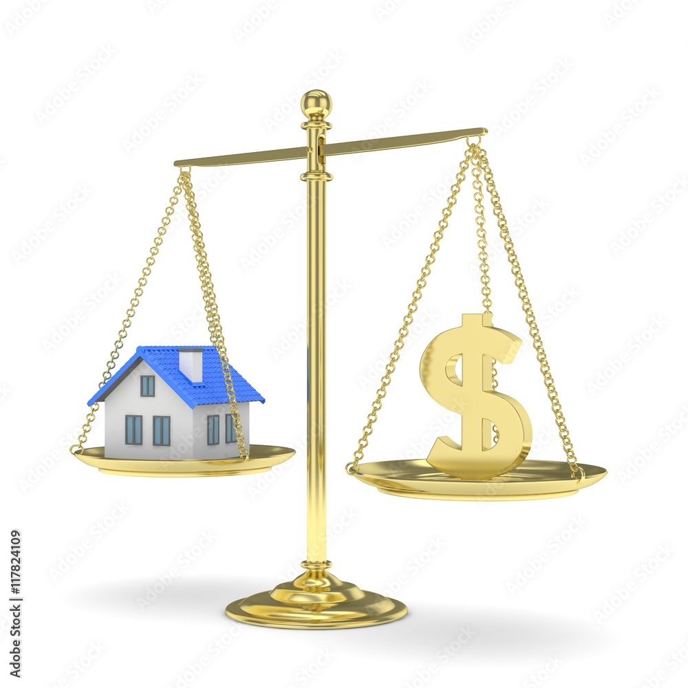 Isolated golden scales with golden dollar and house on white background. Investment or savings concept. Real estate and currency. 3D rendering. Isolated golden scales with golden dollar and house on white background. Investment or savings concept. Real estate and currency. 3D rendering.