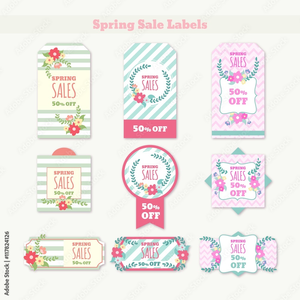 Lovely flowers and stripes spring sales labels Lovely flowers and stripes spring sales labels