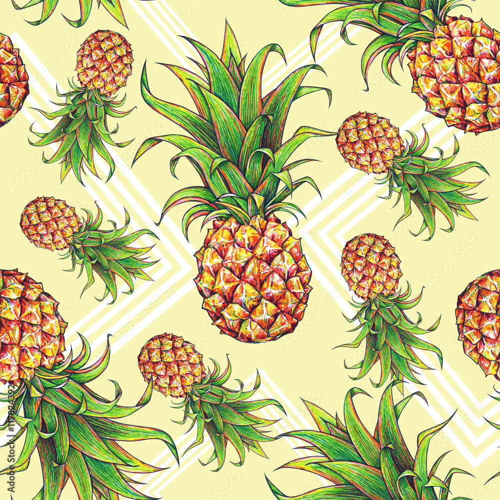 Pineapples with geometrical forms on a yellow background. Color drawing markers. Tropical fruit. Seamless pattern textiles fabric print Pineapples with geometrical forms on a yellow background. Color drawing markers. Tropical fruit. Seamless pattern textiles fabric print