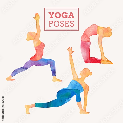 Hand painted woman doing yoga poses set