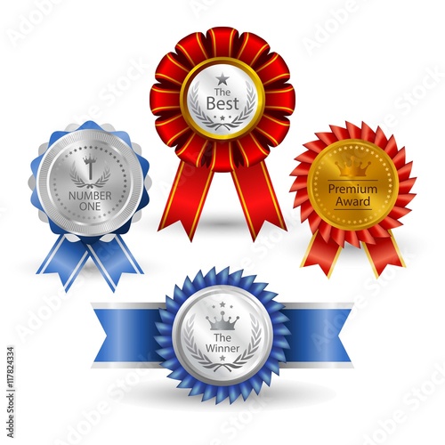 Realistic medals with blue and red details