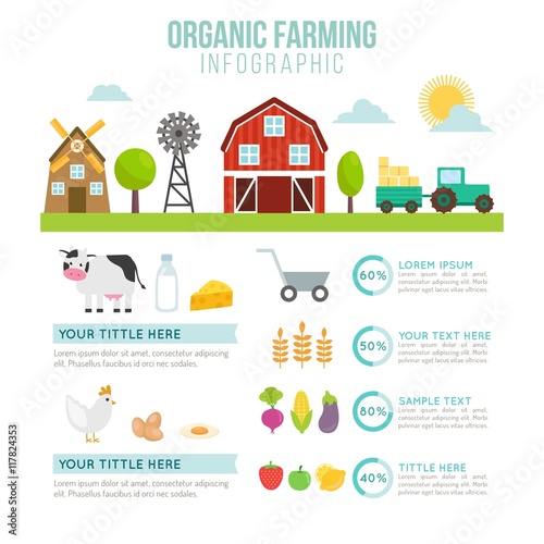 Cute farm with farming tools infography