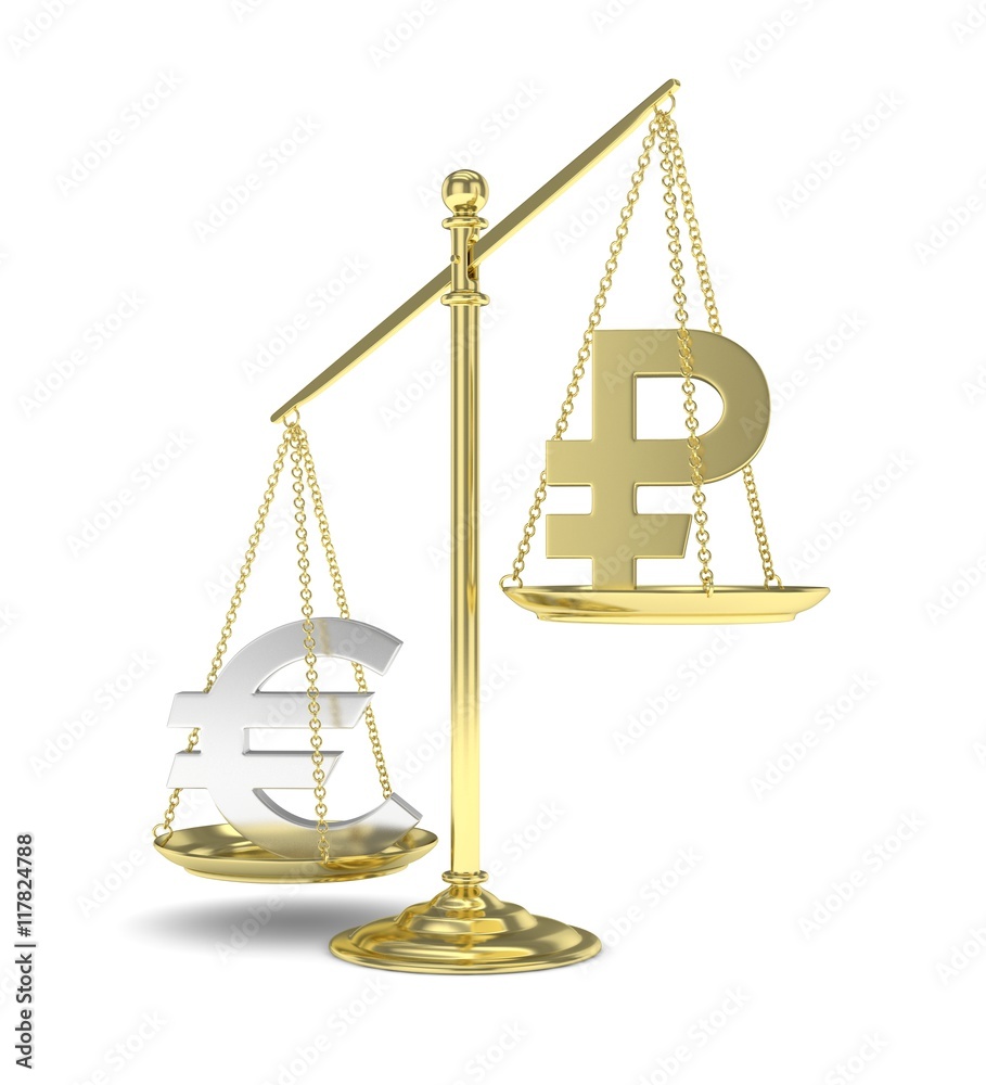 Isolated golden scales with silver euro and golden ruble currency. Russian and european finance. Measuring of market stability. 3D rendering. Isolated golden scales with silver euro and golden ruble currency. Russian and european finance. Measuring of market stability. 3D rendering.