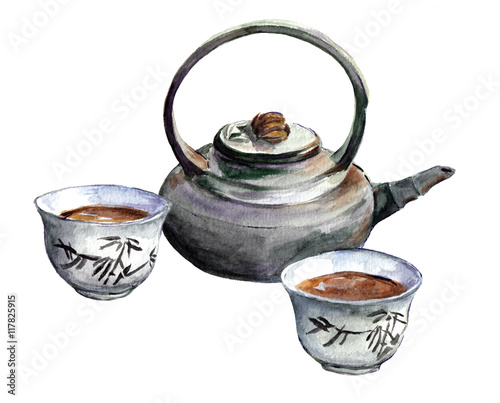 Traditional china tea set. Watercolor