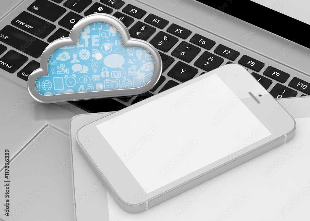 laptop, tablet pc, smart phone and cloud. 3d rendering. laptop, tablet pc, smart phone and cloud. 3d rendering.