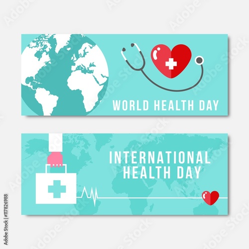 Phonendoscope and first aid kit health day banners
