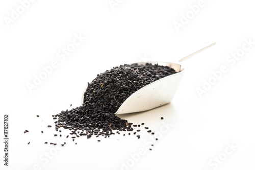 Black sesame in a metallic scoop