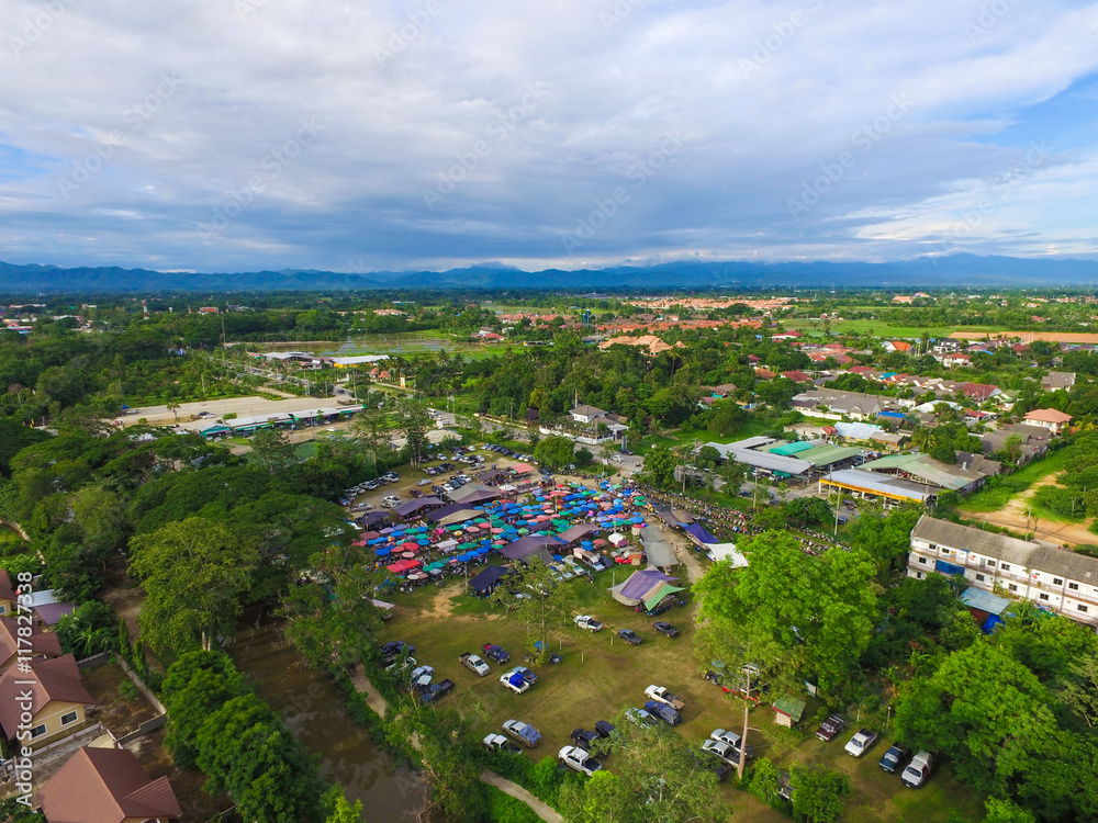 The aerial view of Thai flea market in northern Thailand