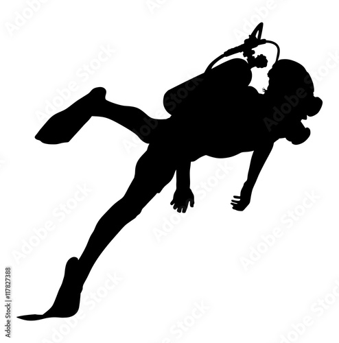 Scuba diving silhouette vector illustration isolated on white background.. Sport underwater, water sea, glove and flashlight, mask and snorkel. Diving school, Scuba school. Beach fun, fishing,swimming