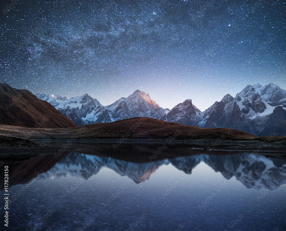 Night landscape with a mountain lake and a starry sky - obrazy, fototapety, plakaty 