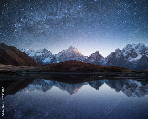 Canvas Print Night landscape with a mountain lake and a starry sky