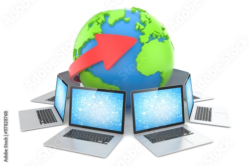 Laptop network around earth globe. 3d render